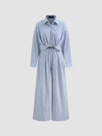 Solid Striped Knotted Roll-up Sleeve Jumpsuit